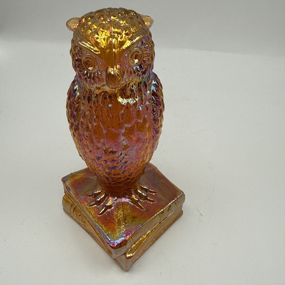 Vintage Degenhart Carnival Glass Owl On Books Marigold Terry Crider Iridescent
